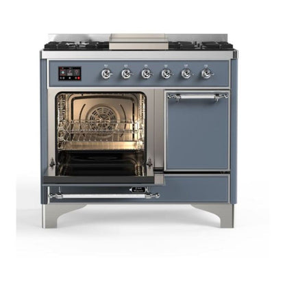 ILVE Majestic II 40 inch Solid Door Natural Gas Dual Fuel Range Chrome Blue Grey