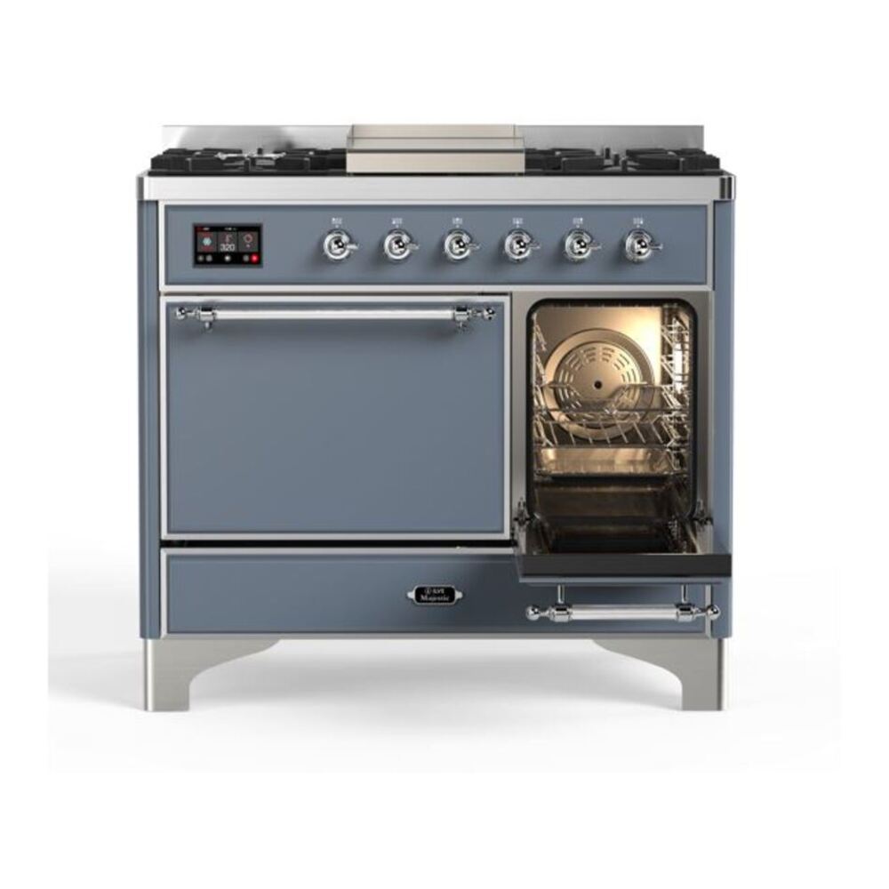 ILVE Majestic II 40 inch Solid Door Natural Gas Dual Fuel Range Chrome Blue Grey