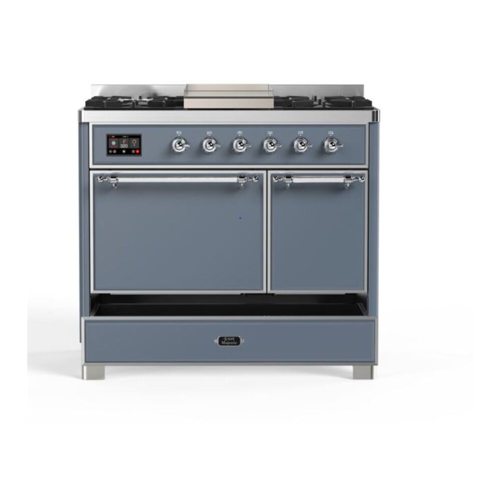 ILVE Majestic II 40 inch Solid Door Natural Gas Dual Fuel Range Chrome Blue Grey