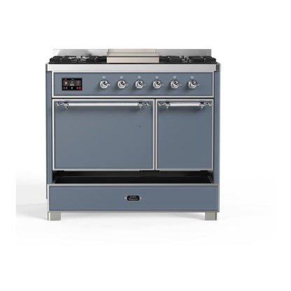 ILVE Majestic II 40 inch Solid Door Natural Gas Dual Fuel Range Chrome Blue Grey