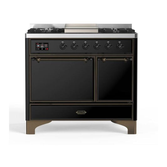 ILVE Majestic II 40" Glossy Black Dual Fuel Range with 6 Burners and Griddle Solid Door Natural Gas