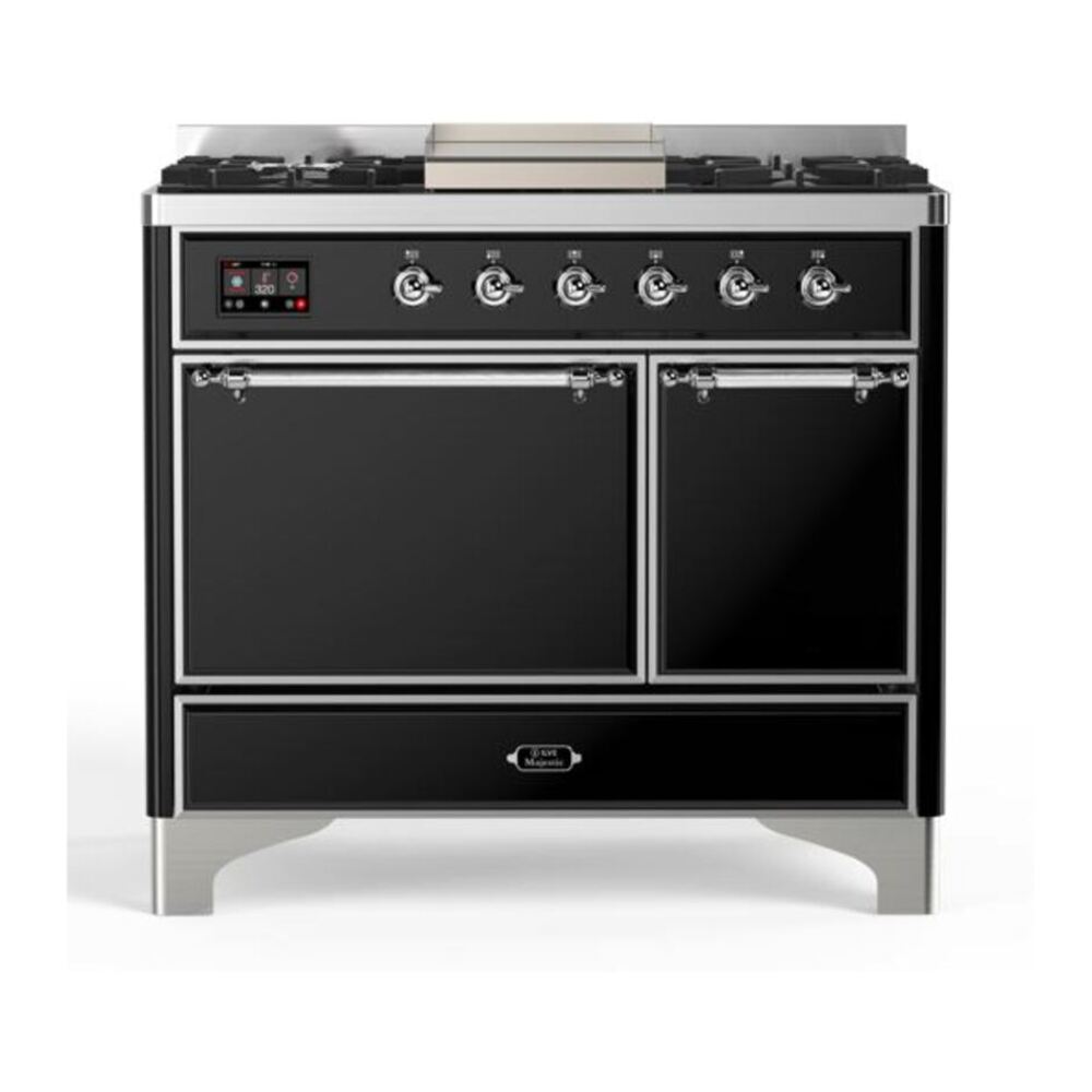 ILVE Majestic II 40 inch Solid Door Natural Gas Dual Fuel Range Chrome Glossy Black