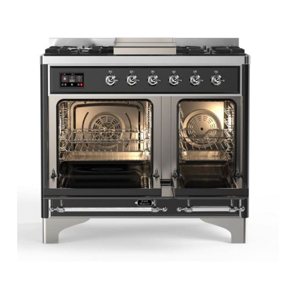 ILVE Majestic II 40 inch Solid Door Natural Gas Dual Fuel Range Chrome Glossy Black