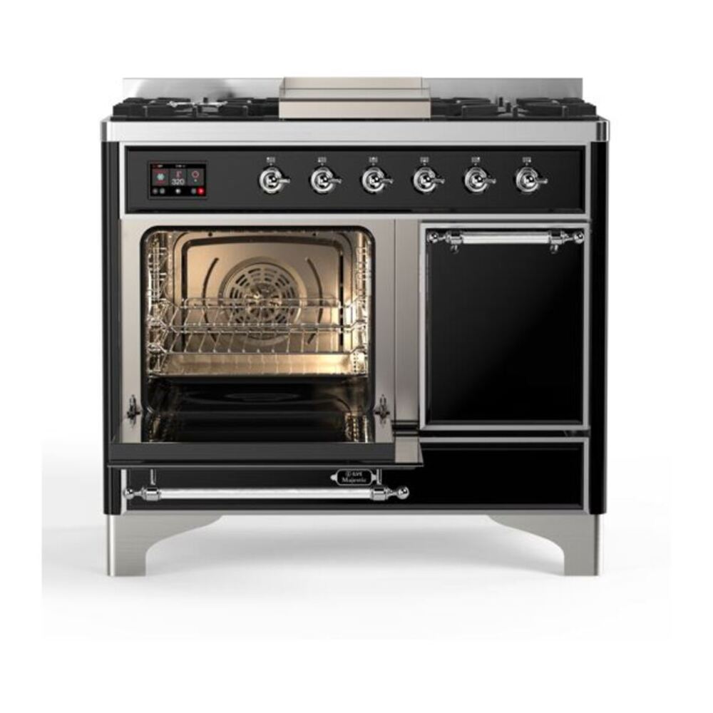 ILVE Majestic II 40 inch Solid Door Natural Gas Dual Fuel Range Chrome Glossy Black