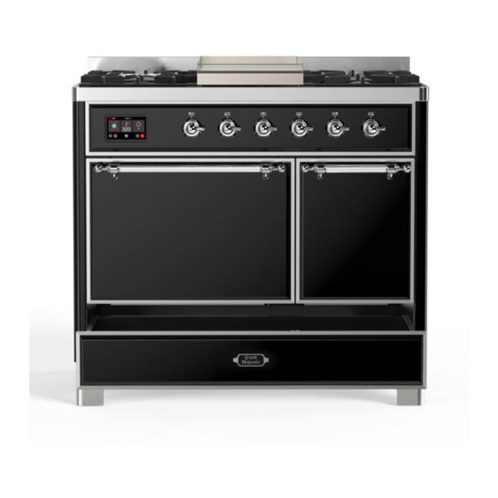 ILVE Majestic II 40 inch Solid Door Natural Gas Dual Fuel Range Chrome Glossy Black