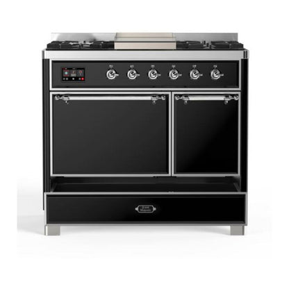 ILVE Majestic II 40 inch Solid Door Natural Gas Dual Fuel Range Chrome Glossy Black
