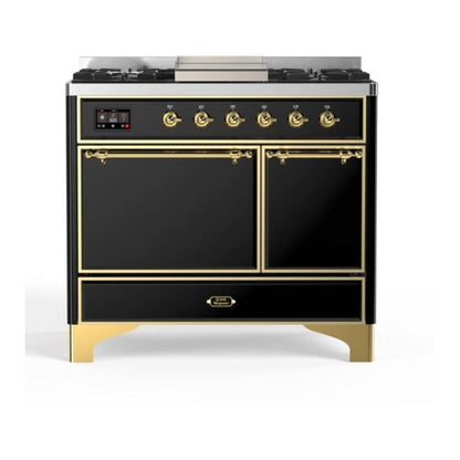 ILVE Majestic II 40 inch Solid Door Natural Gas Dual Fuel Range Brass Glossy Black