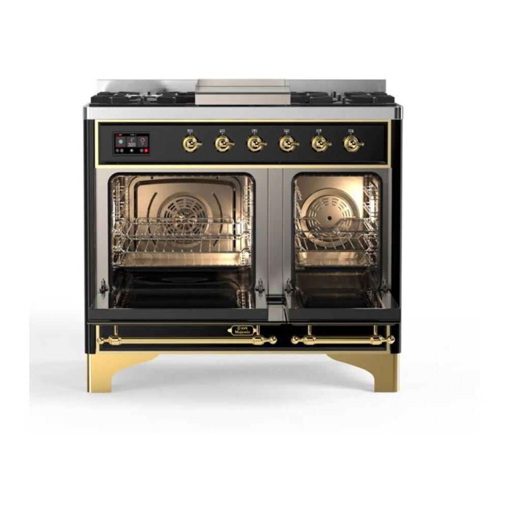 ILVE Majestic II 40 inch Solid Door Natural Gas Dual Fuel Range Brass Glossy Black