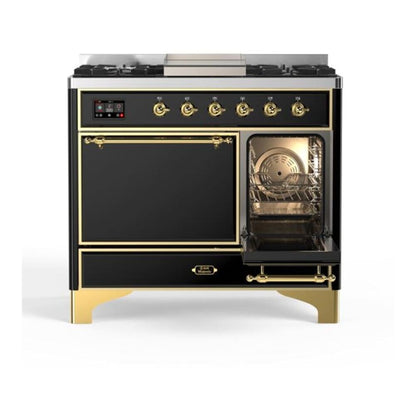 ILVE Majestic II 40 inch Solid Door Natural Gas Dual Fuel Range Brass Glossy Black