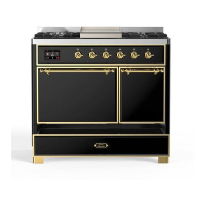 ILVE Majestic II 40 inch Solid Door Natural Gas Dual Fuel Range Brass Glossy Black