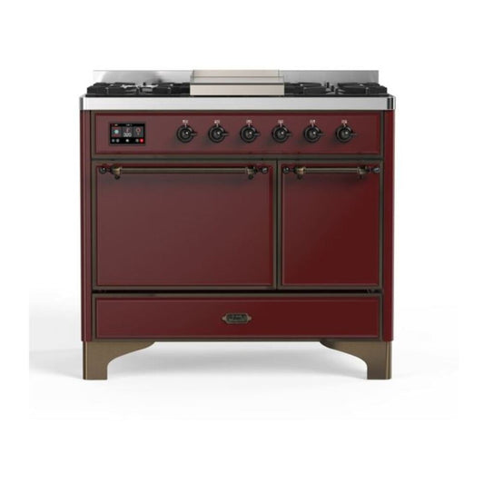 ILVE Majestic II 40" Burgundy Dual Fuel Range with 6 Burners and Griddle Solid Door Natural Gas
