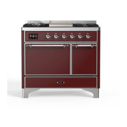 ILVE Majestic II 40 inch Solid Door Natural Gas Dual Fuel Range Chrome Burgundy
