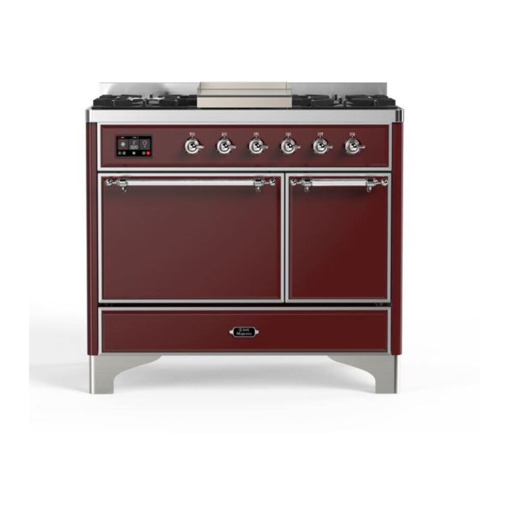 ILVE Majestic II 40" Burgundy Dual Fuel Range with 6 Burners and Griddle Solid Door Natural Gas