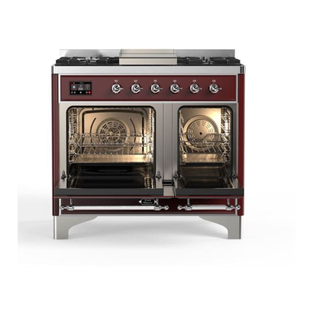 ILVE Majestic II 40 inch Solid Door Natural Gas Dual Fuel Range Chrome Burgundy