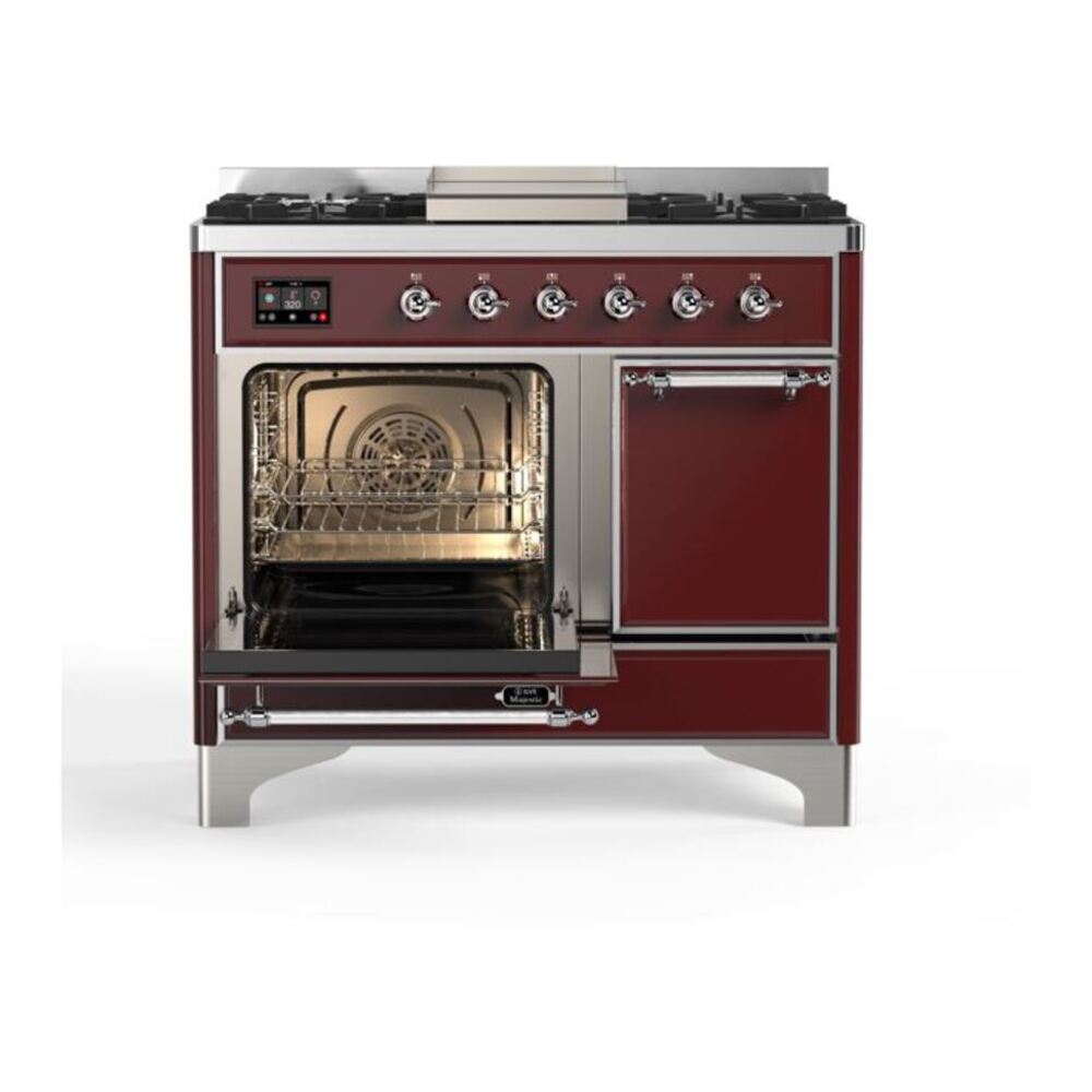 ILVE Majestic II 40 inch Solid Door Natural Gas Dual Fuel Range Chrome Burgundy
