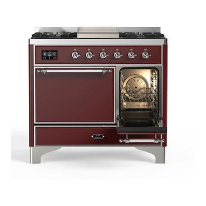 ILVE Majestic II 40 inch Solid Door Natural Gas Dual Fuel Range Chrome Burgundy