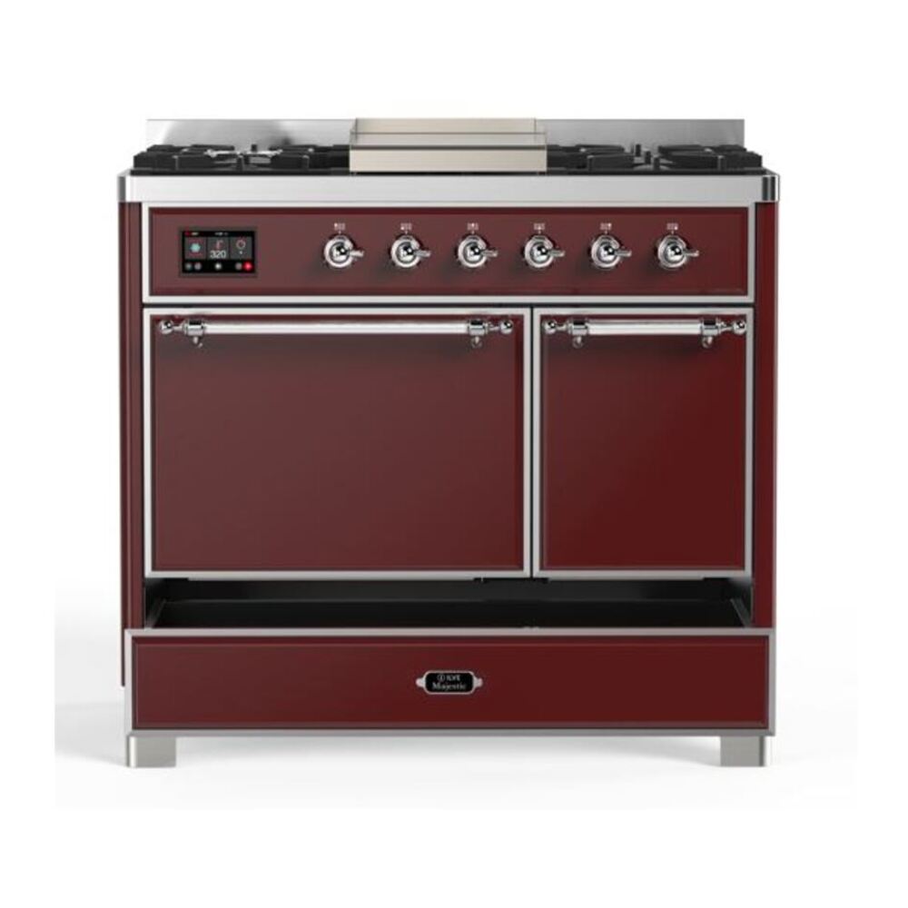 ILVE Majestic II 40 inch Solid Door Natural Gas Dual Fuel Range Chrome Burgundy
