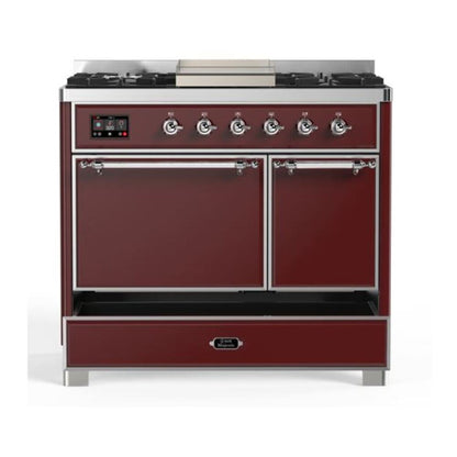 ILVE Majestic II 40 inch Solid Door Natural Gas Dual Fuel Range Chrome Burgundy