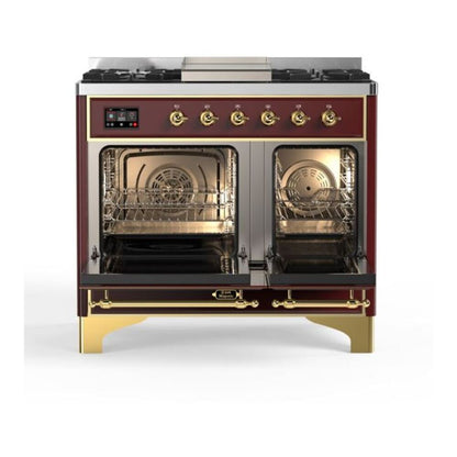 ILVE Majestic II 40 inch Solid Door Natural Gas Dual Fuel Range Brass Burgundy