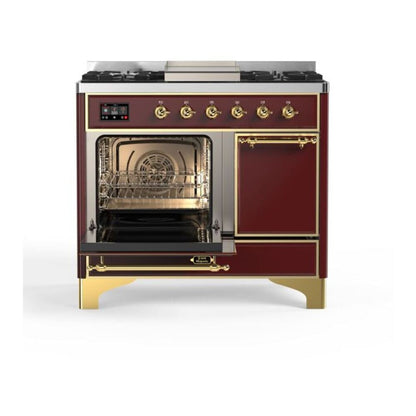 ILVE Majestic II 40 inch Solid Door Natural Gas Dual Fuel Range Brass Burgundy