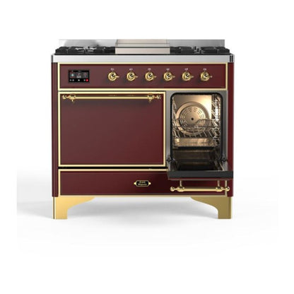 ILVE Majestic II 40 inch Solid Door Natural Gas Dual Fuel Range Brass Burgundy