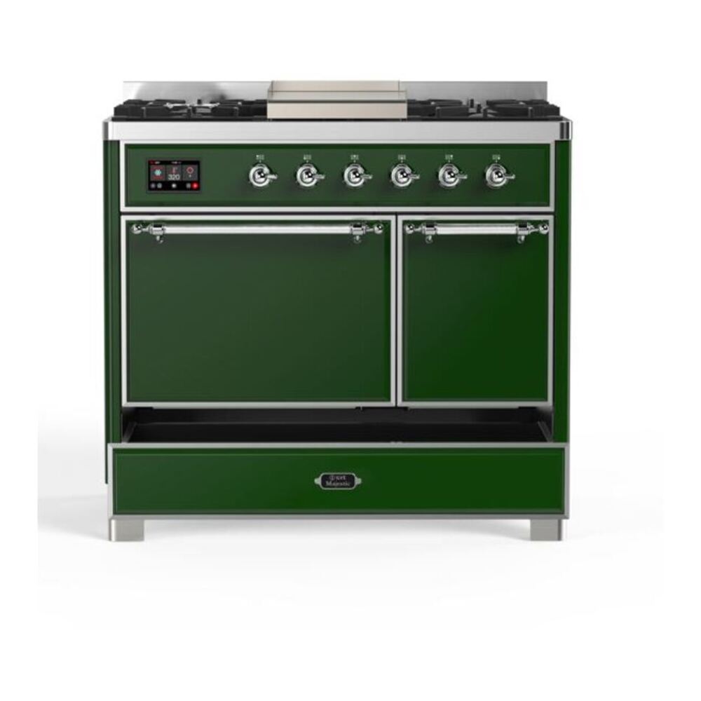 ILVE Majestic II 40 inch Solid Door Natural Gas Dual Fuel Range Chrome Emerald Green