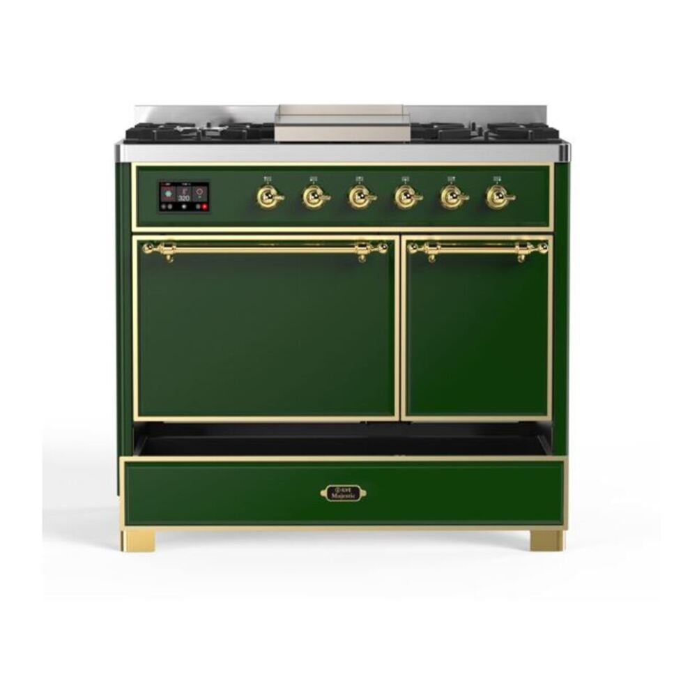 ILVE Majestic II 40 inch Solid Door Natural Gas Dual Fuel Range Brass Emerald Green