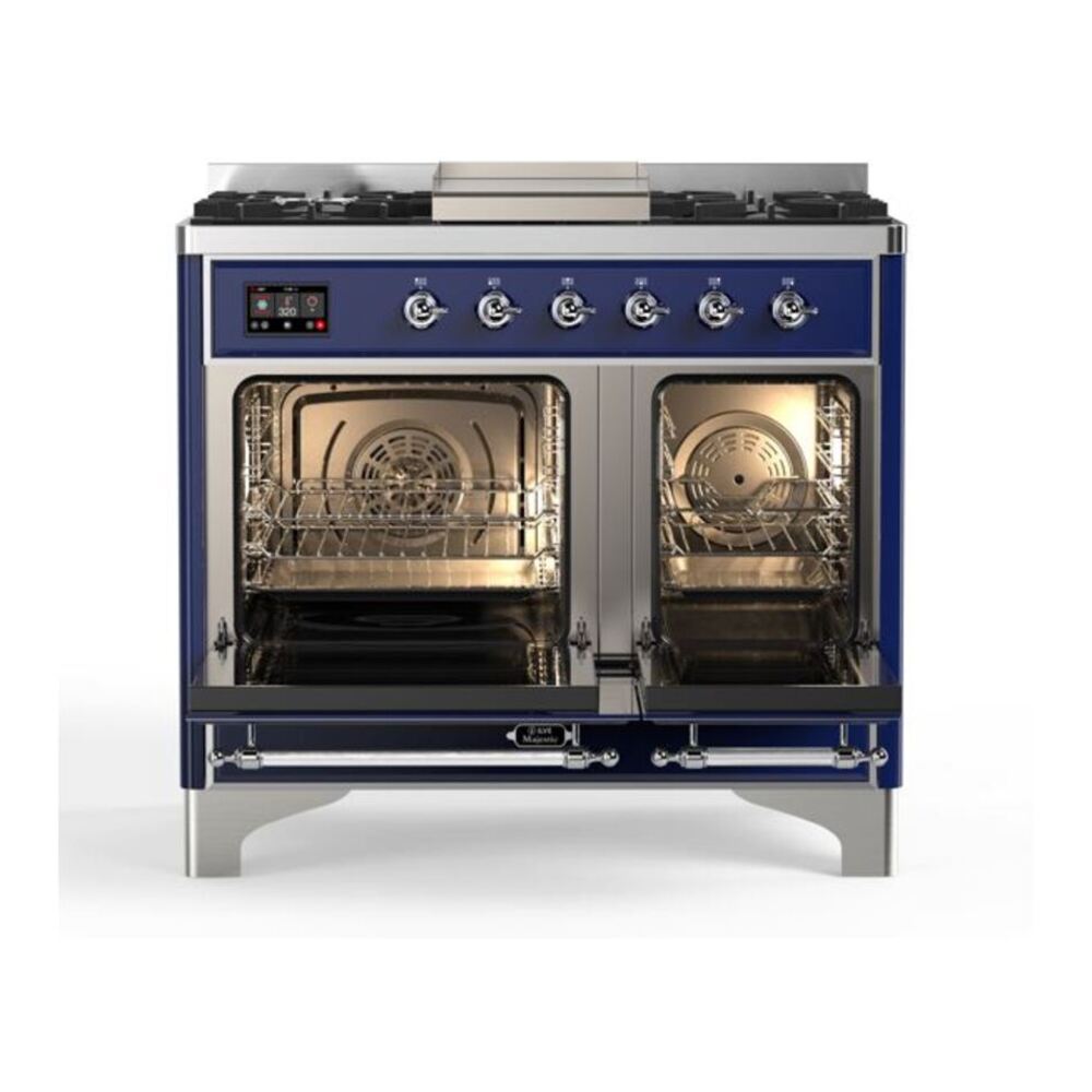 ILVE Majestic II 40 inch Solid Door Natural Gas Dual Fuel Range Chrome Midnight Blue