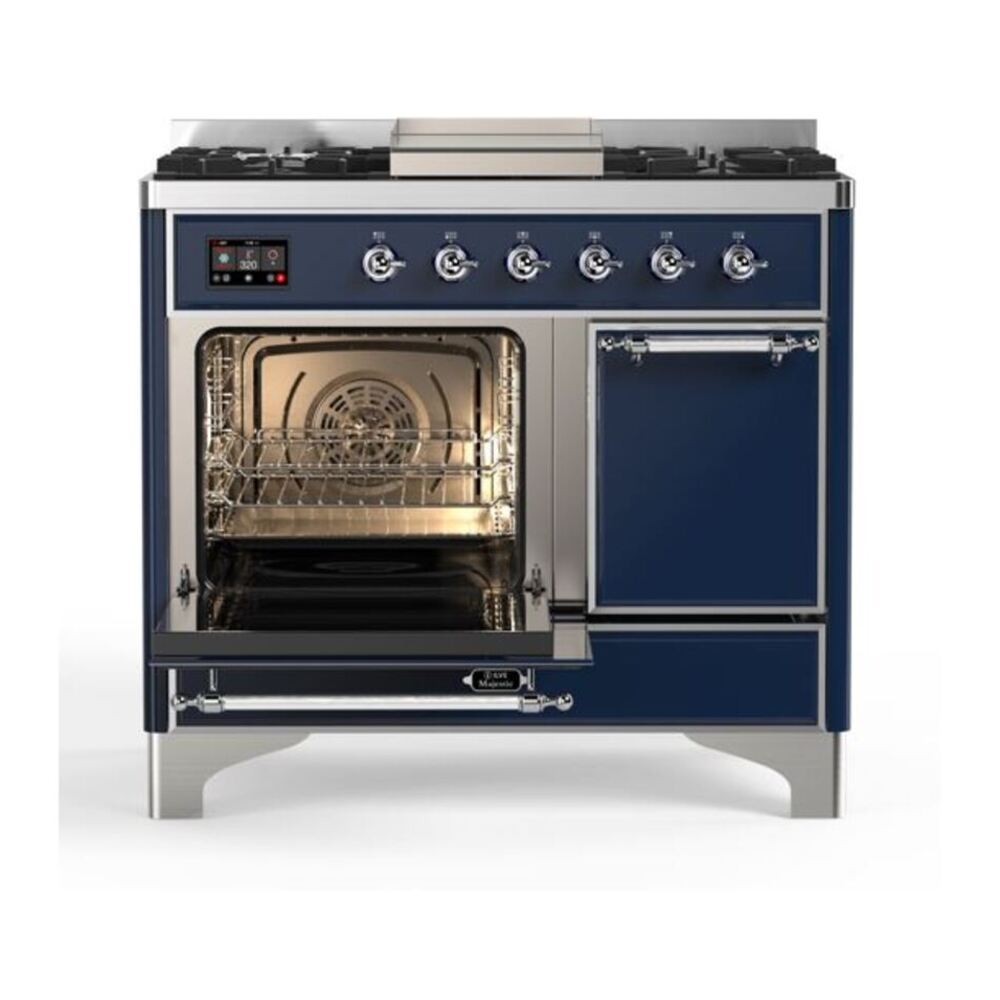 ILVE Majestic II 40 inch Solid Door Natural Gas Dual Fuel Range Chrome Midnight Blue