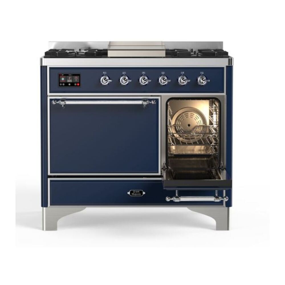 ILVE Majestic II 40 inch Solid Door Natural Gas Dual Fuel Range Chrome Midnight Blue