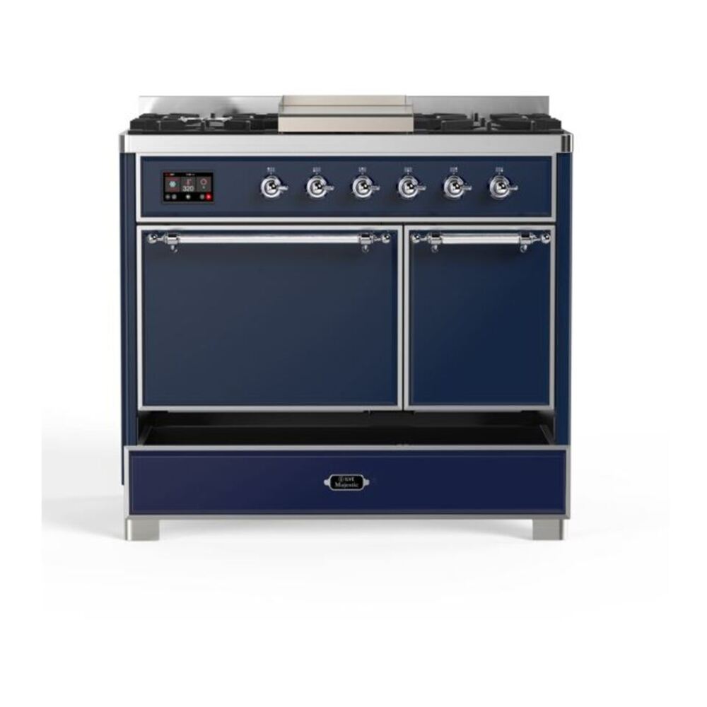 ILVE Majestic II 40 inch Solid Door Natural Gas Dual Fuel Range Chrome Midnight Blue