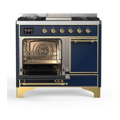 ILVE Majestic II 40 inch Solid Door Natural Gas Dual Fuel Range Brass Midnight Blue