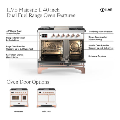 ILVE Majestic II 40" RAL Dual Fuel Range with 6 Burners and Griddle Solid Door Liquid Propane