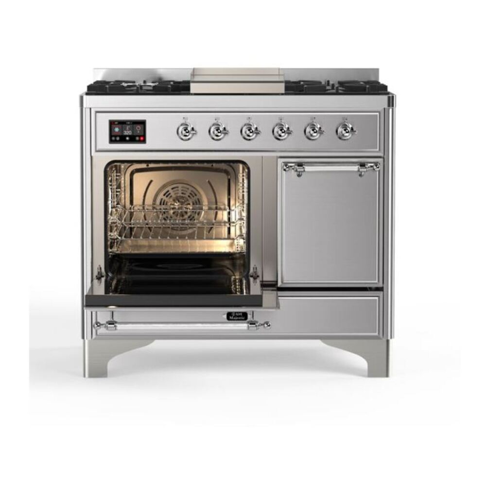 ILVE Majestic II 40 inch Solid Door Natural Gas Dual Fuel Range Chrome Stainless Steel