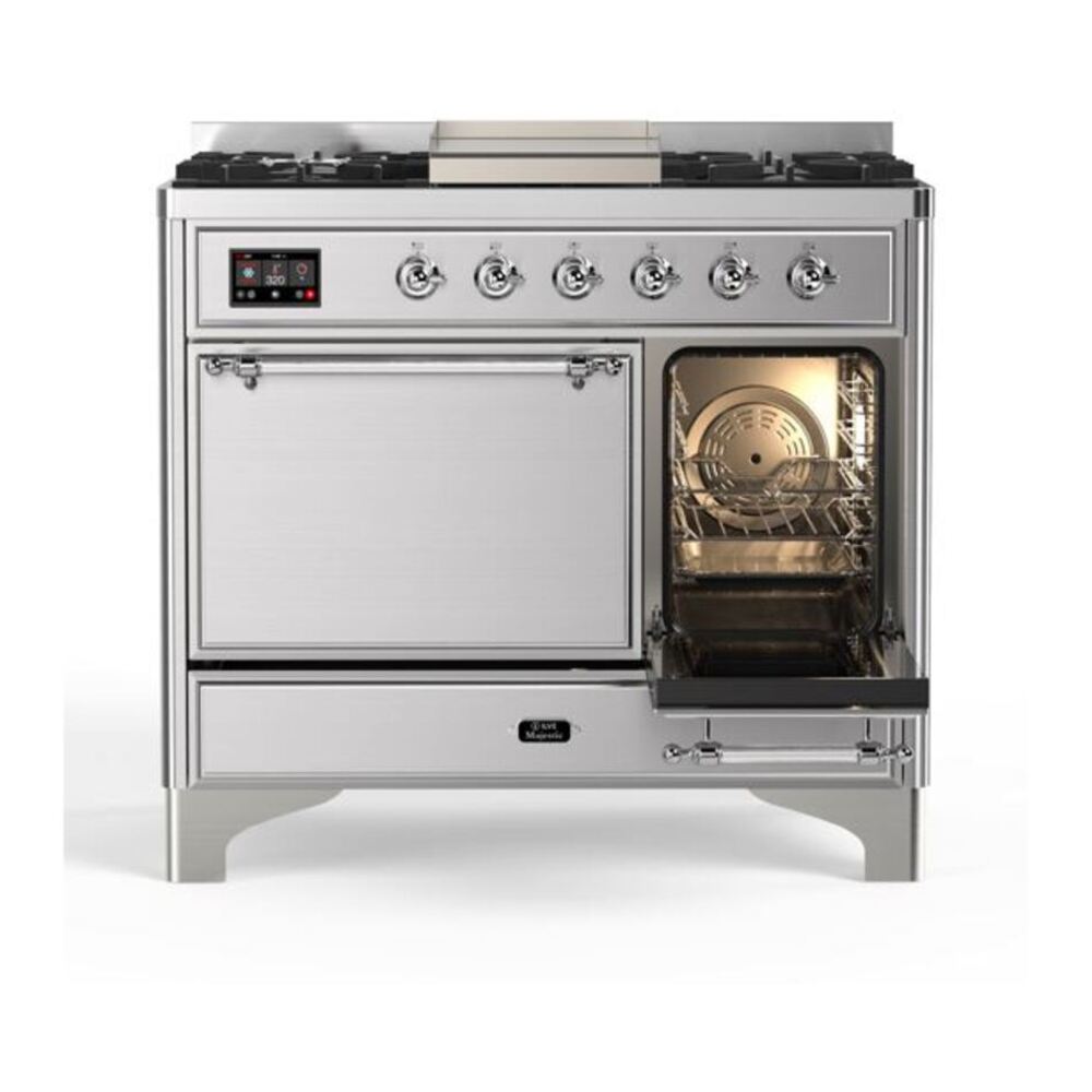 ILVE Majestic II 40 inch Solid Door Natural Gas Dual Fuel Range Chrome Stainless Steel
