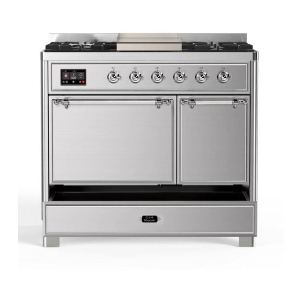 ILVE Majestic II 40 inch Solid Door Natural Gas Dual Fuel Range Chrome Stainless Steel