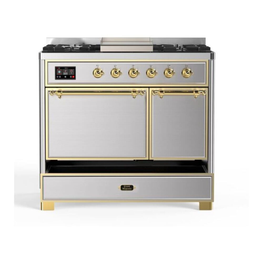 ILVE Majestic II 40 inch Solid Door Natural Gas Dual Fuel Range Brass Stainless Steel