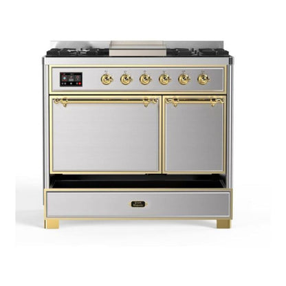 ILVE Majestic II 40 inch Solid Door Natural Gas Dual Fuel Range Brass Stainless Steel
