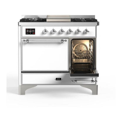 ILVE Majestic II 40 inch Solid Door Natural Gas Dual Fuel Range Chrome White