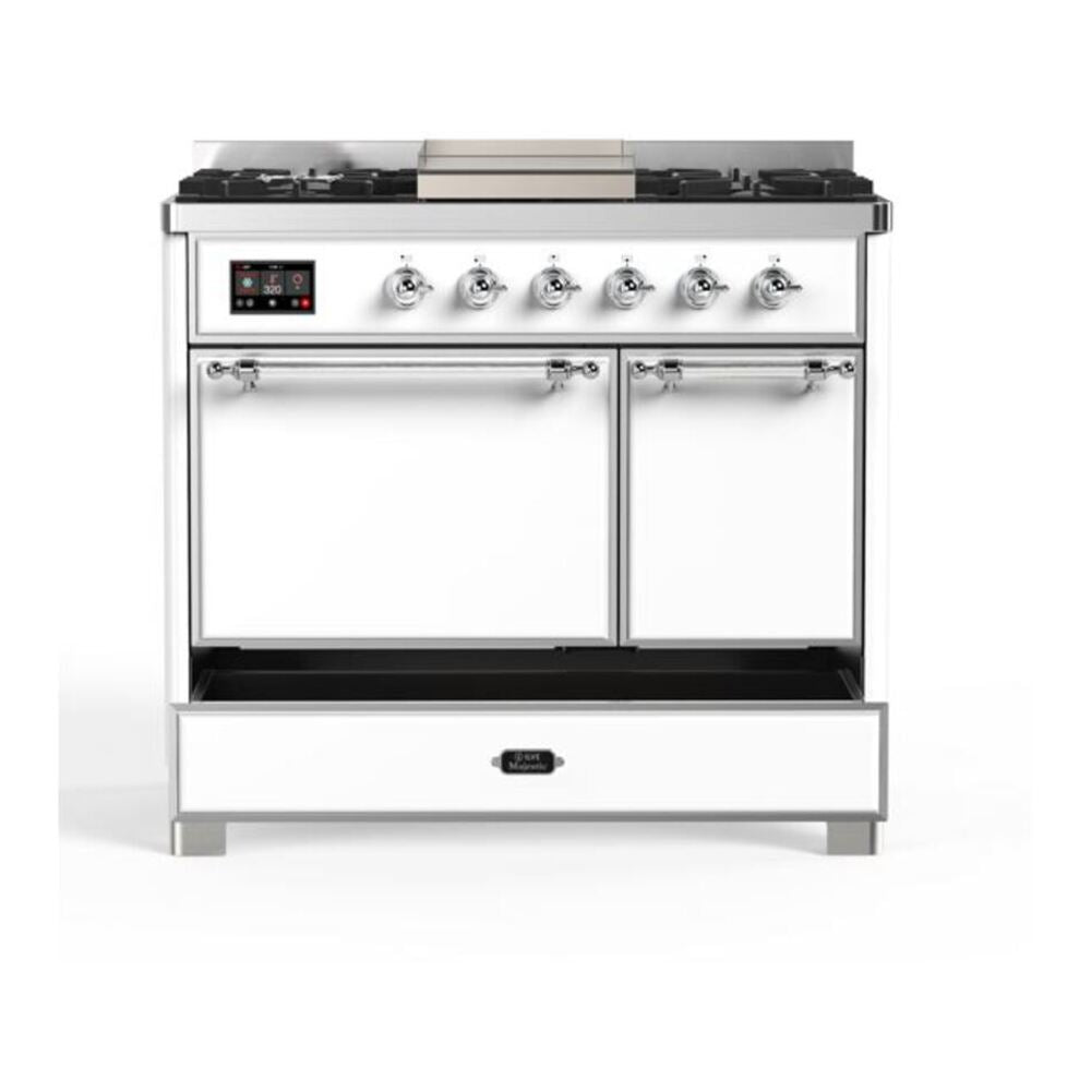 ILVE Majestic II 40 inch Solid Door Natural Gas Dual Fuel Range Chrome White