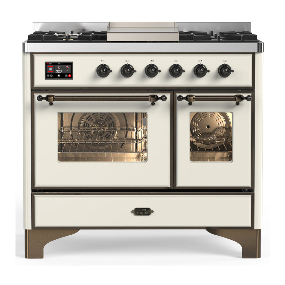 ILVE Majestic III 40" Antique White Dual Fuel Range with 6 Burners and Griddle Triple Glass Door Liquid Propane