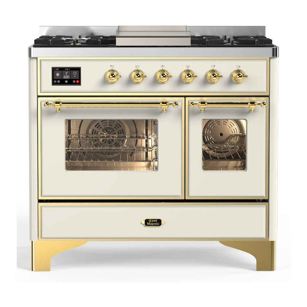 ILVE Majestic III 40" Antique White Dual Fuel Range with 6 Burners and Griddle Triple Glass Door Liquid Propane