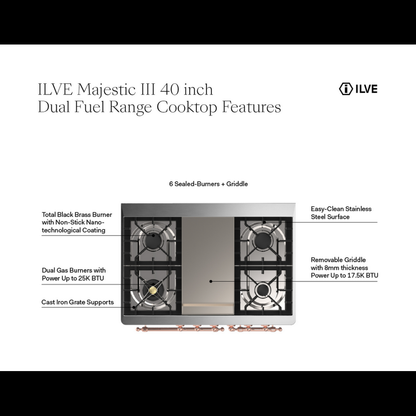 ILVE Majestic III 40" Blue Grey Dual Fuel Range with 6 Burners and Griddle Triple Glass Door Liquid Propane