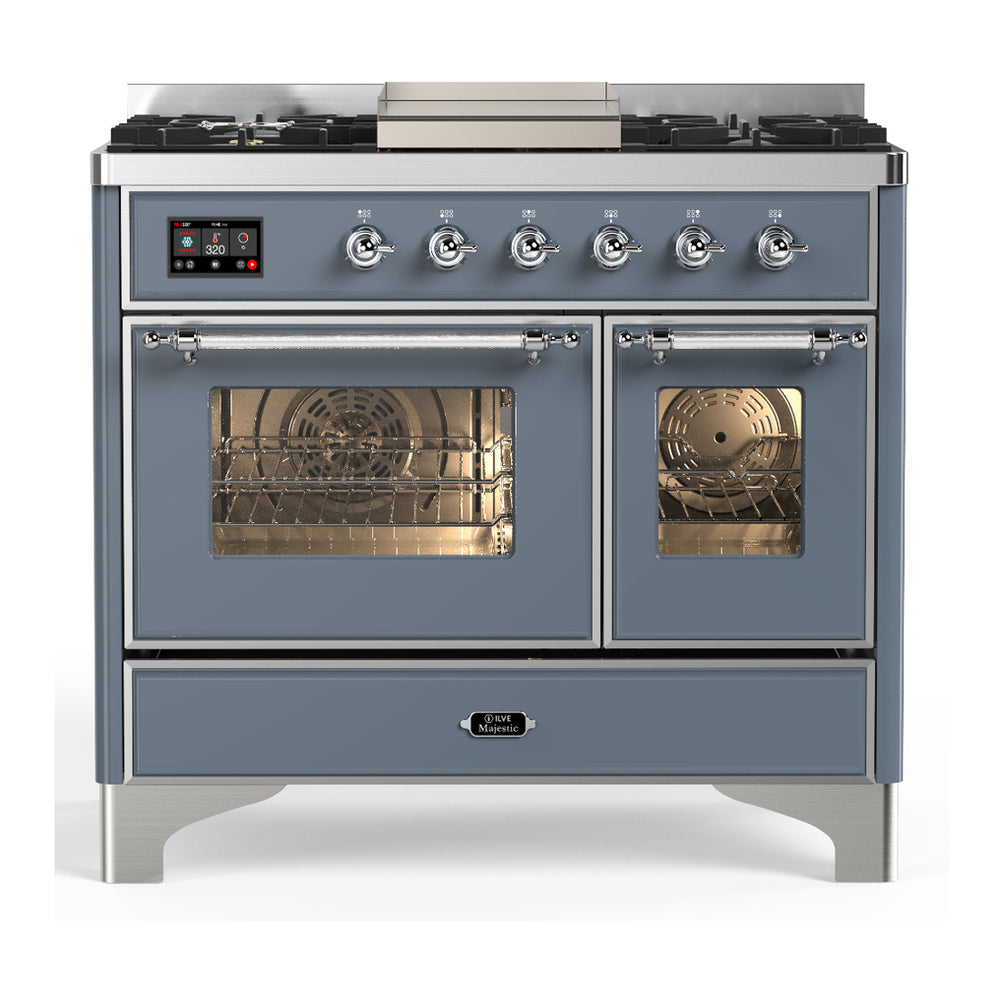 ILVE Majestic III 40" Blue Grey Dual Fuel Range with 6 Burners and Griddle Triple Glass Door Natural Gas