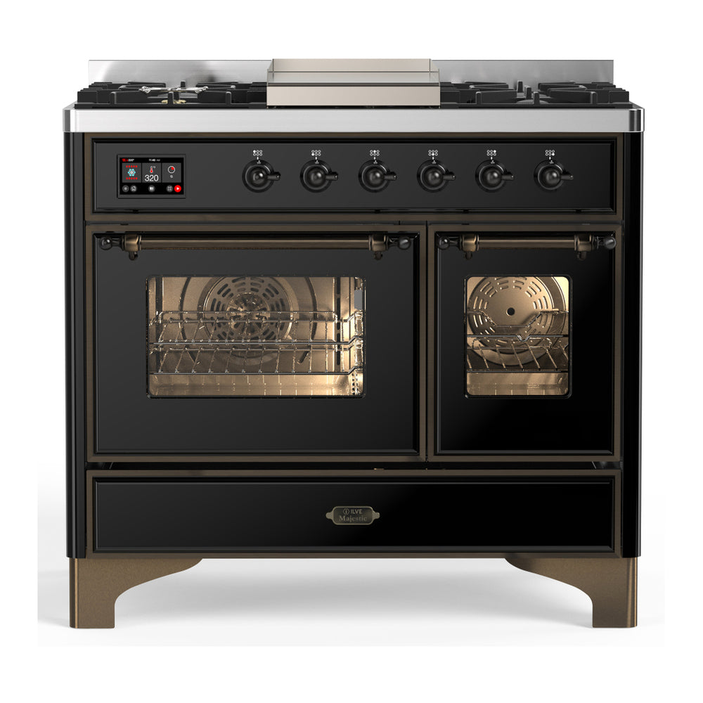 ILVE Majestic III 40" Glossy Black Dual Fuel Range with 6 Burners and Griddle Triple Glass Door Natural Gas