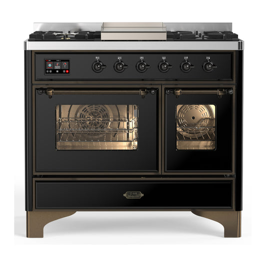 ILVE Majestic III 40" Glossy Black Dual Fuel Range with 6 Burners and Griddle Triple Glass Door Natural Gas