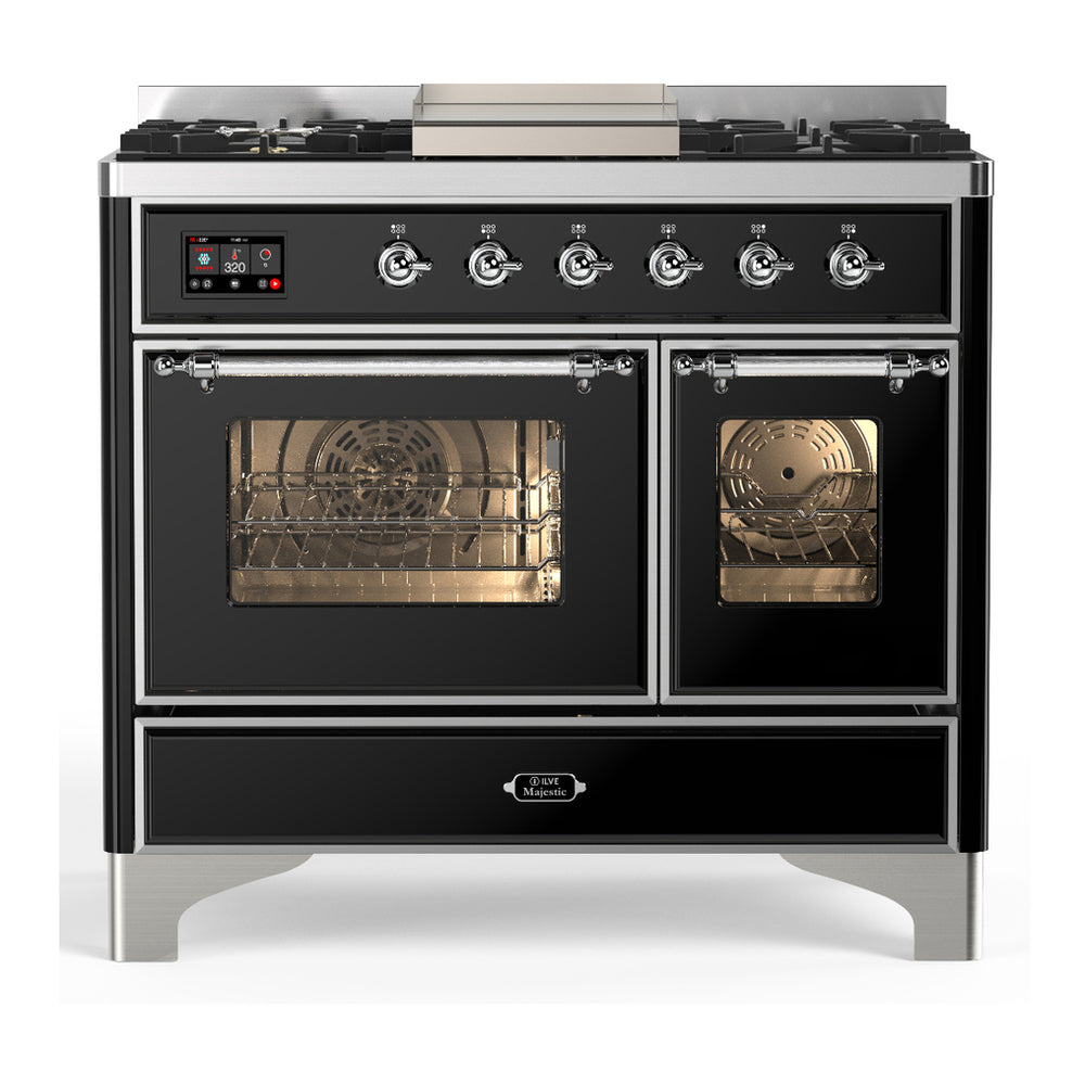 ILVE Majestic III 40" Glossy Black Dual Fuel Range with 6 Burners and Griddle Triple Glass Door Liquid Propane
