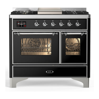 ILVE Majestic III 40" Glossy Black Dual Fuel Range with 6 Burners and Griddle Triple Glass Door Liquid Propane