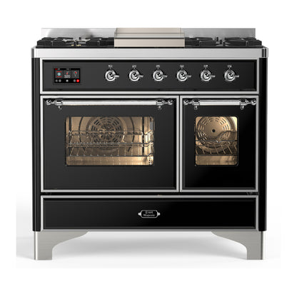 ILVE Majestic III 40" Glossy Black Dual Fuel Range with 6 Burners and Griddle Triple Glass Door Natural Gas