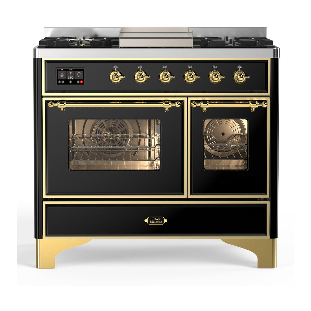 ILVE Majestic III 40" Glossy Black Dual Fuel Range with 6 Burners and Griddle Triple Glass Door Liquid Propane